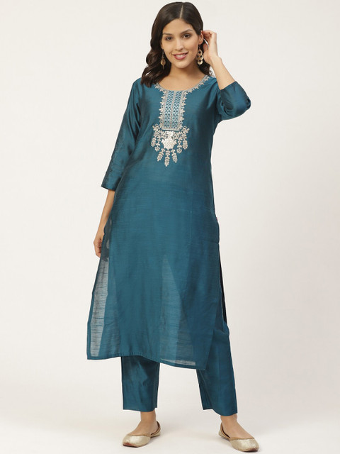 

Varanga Women Teal Embroidered Kurta with Trousers