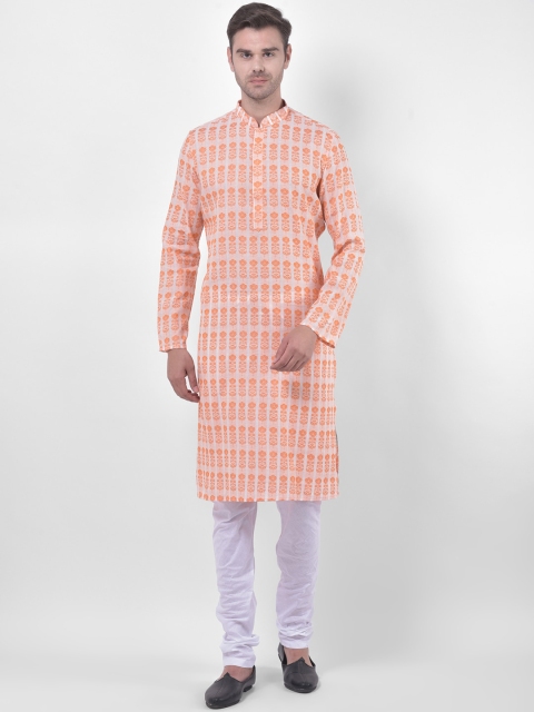 

LAMAAYA Men Orange & White Woven Design Kurta with Churidar