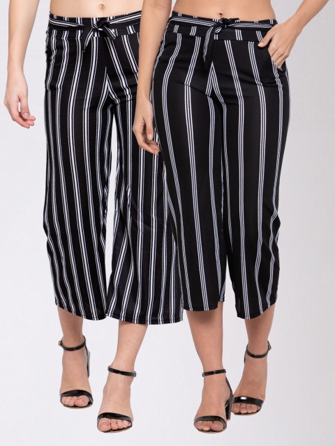 

KLOTTHE Women Pack Of 2 Black & White Striped Wide Leg Palazzos