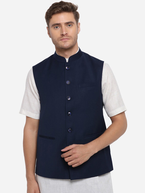 

MODI JACKET Men Navy Blue Solid Nehru Jacket