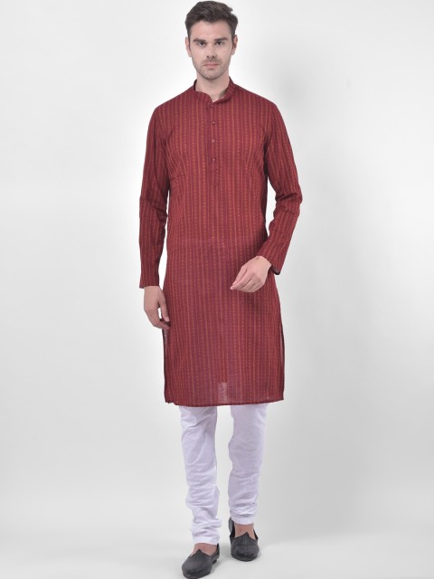 

LAMAAYA Men Red & White Striped Kurta with Churidar