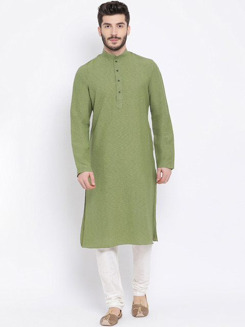 

NAMASKAR Men Green & White Cotton Blend Solid Kurta with Churidar