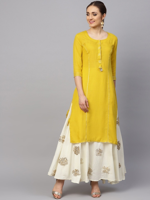 

Ishin Women Yellow & Off-White Solid Kurta with Skirt