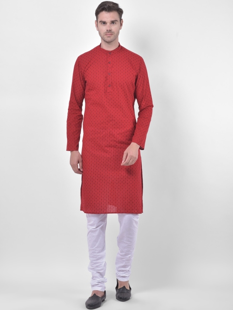 

LAMAAYA Men Red & White Woven Design Kurta with Churidar