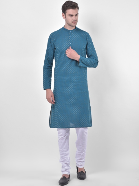 

LAMAAYA Men Blue & White Woven Design Kurta with Churidar