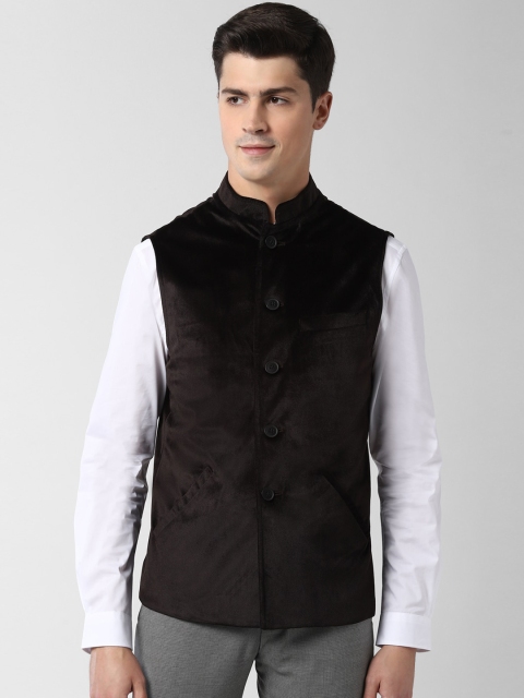 

Peter England Men Coffee Brown Velvet Finish Solid Nehru Jacket
