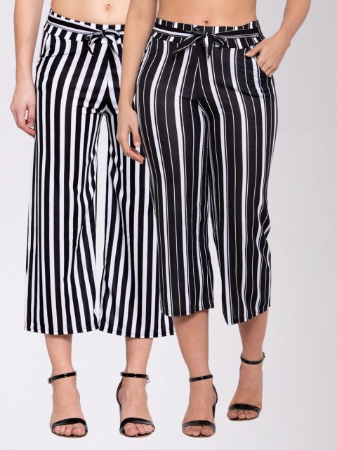 

KLOTTHE Pack of 2 Women Black & White Striped Wide Leg Palazzos
