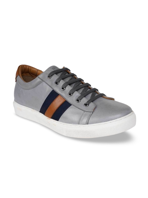 

RAPAWALK Men Grey & Navy Blue Striped Leather Sneakers