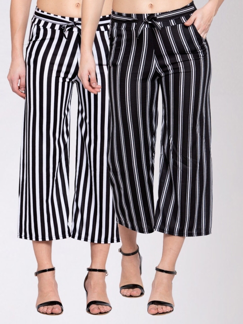 

KLOTTHE Women Pack Of 2 Black & White Striped Wide Leg Palazzos