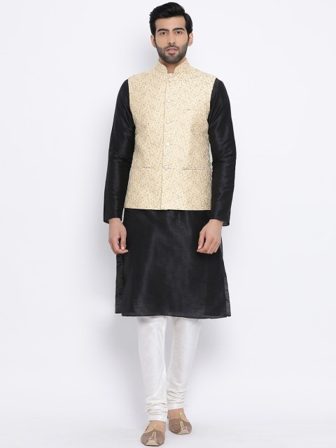 

NAMASKAR Men Black & Off-White Solid Kurta with Churidar & Nehru Jacket