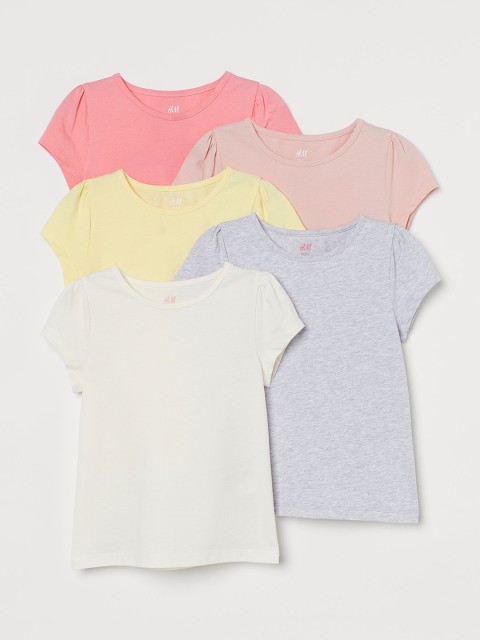 

H&M Girls Multicoloured Solid 5-Pack Puff-Sleeved Tops, Multi
