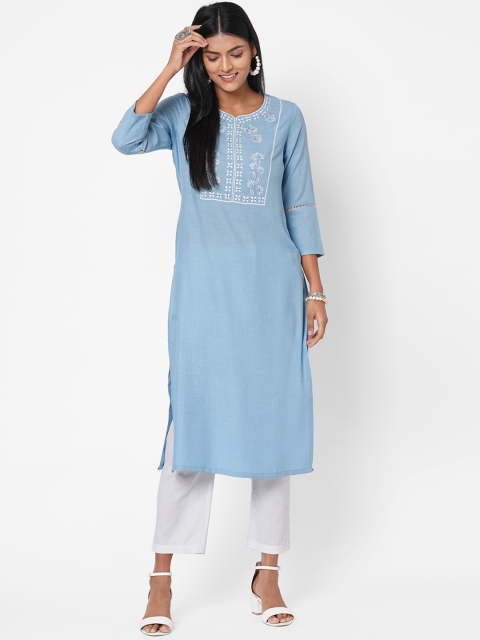 

Os Women Blue Ethnic Motifs Cotton Slub Yoke Design Kurta