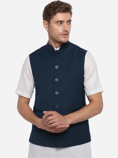 

MODI JACKET Men Navy Blue Solid Woven Nehru Jacket