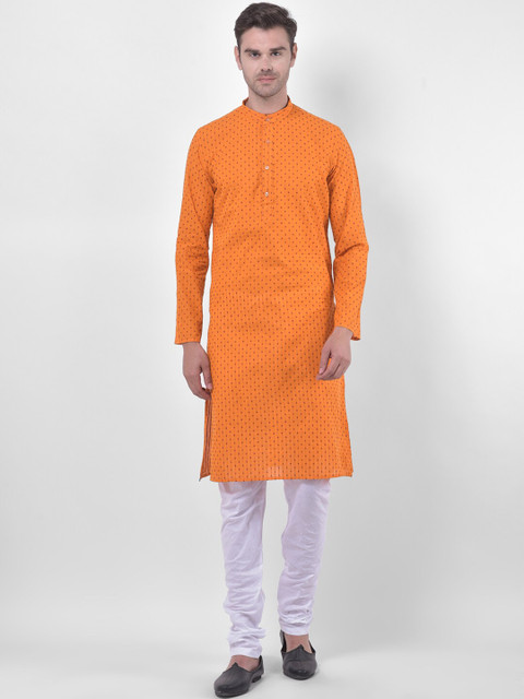 

LAMAAYA Men Orange & White Self Design Kurta with Churidar