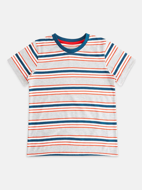 

Pantaloons Junior Boys Grey Melange Orange Striped Round Neck Pure Cotton T-shirt