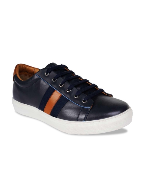

RAPAWALK Men Navy Blue Striped Leather Sneakers
