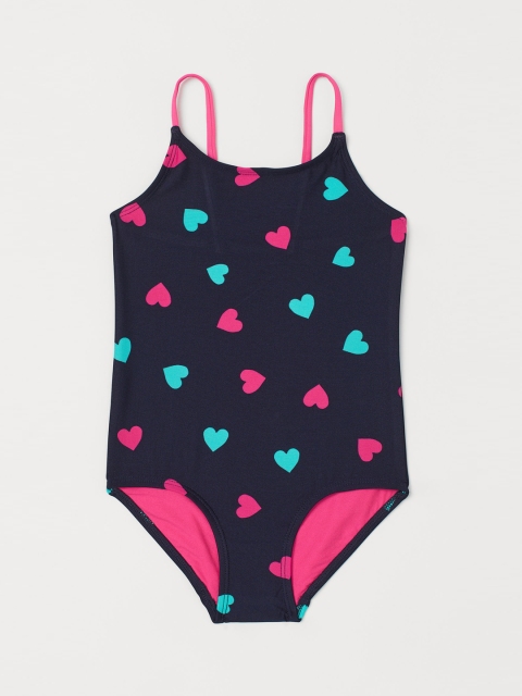 

H&M Girls Navy Blue & Pink Heart Patterned Swimsuit