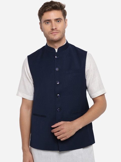 

MODI JACKET Men Navy Blue Solid Woven Nehru Jacket