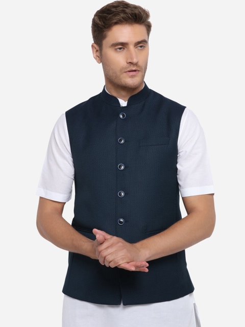 

MODI JACKET Men Teal Blue Self-Design Nehru Jacket