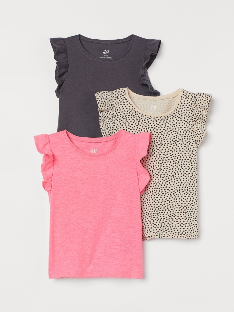 

H&M Girls Multicoloured Solid 3-Pack Flutter-Sleeved Tops, Pink
