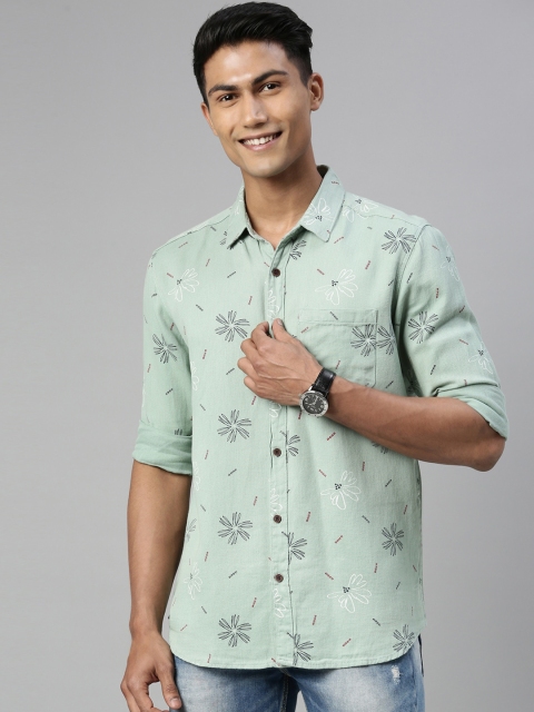 

William White Men Green & Black Cotton Slim Fit Printed Casual Shirt