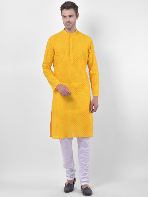 

LAMAAYA Men Yellow & White Woven Design Kurta with Churidar
