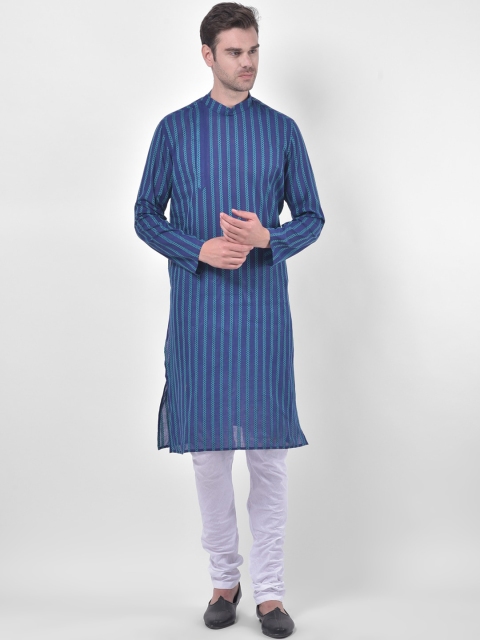

LAMAAYA Men Blue & White Striped Kurta with Churidar