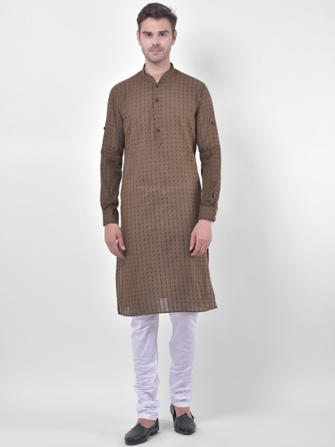 

LAMAAYA Men Brown & White Woven Design Kurta with Churidar