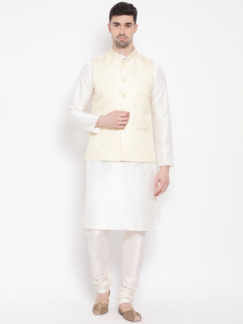 

NAMASKAR Men Off-White Solid Kurta with Churidar & Nehru Jacket