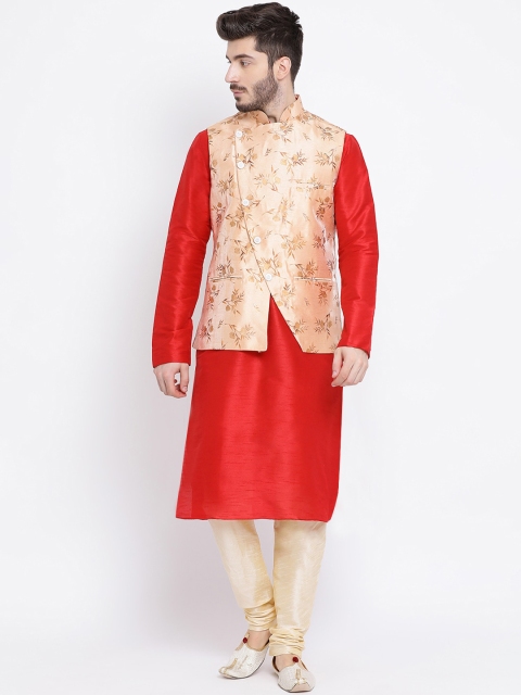

NAMASKAR Men Red & Cream-Coloured Solid Kurta with Churidar & Nehru Jacket