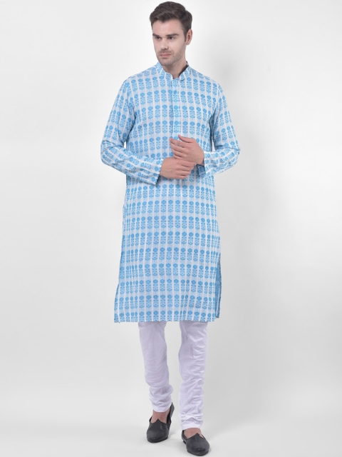 

LAMAAYA Men Blue & White Woven Design Kurta with Churidar