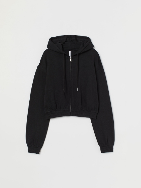 

H&M Women Black Solid Cropped Zip-Through Hoodie
