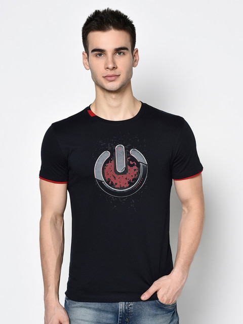 

Octave Men Navy Blue & Rust Orange Printed Round Neck T-shirt