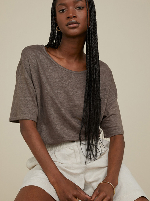 

H&M Women Brown Solid Linen Jersey T-shirt
