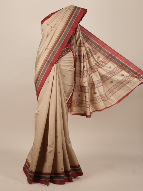 

Pothys Beige & Red Jute Silk Solid Saree