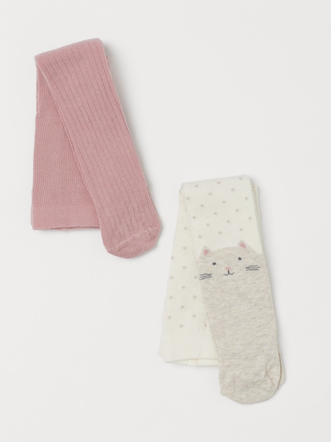 

H&M Unisex Kids White & Pink Solid 2-Pack Fine-Knit Tights