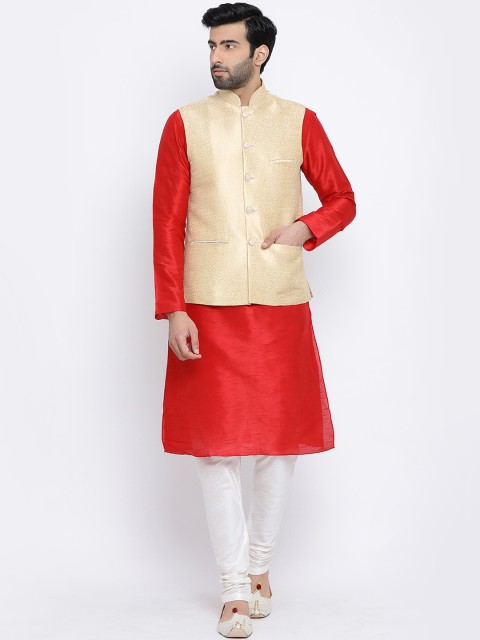 

NAMASKAR Men Red & Off-White Solid Kurta with Churidar & Nehru Jacket
