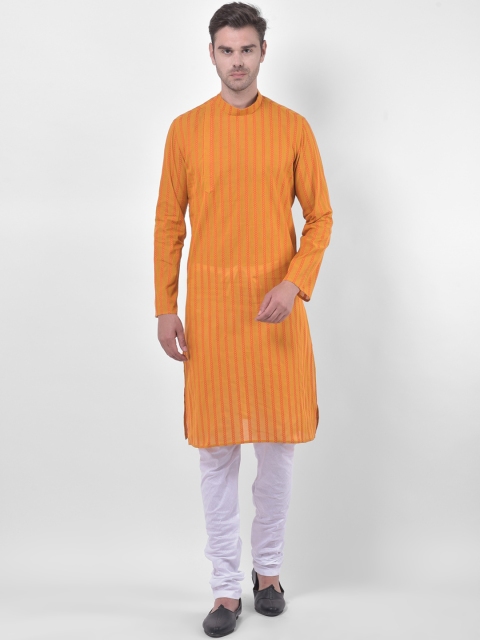 

LAMAAYA Men Mustard & White Striped Kurta with Churidar