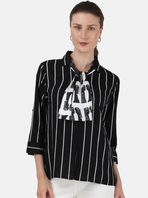 

Monte Carlo Black & White Striped Tie-Up Neck Shirt Style Top
