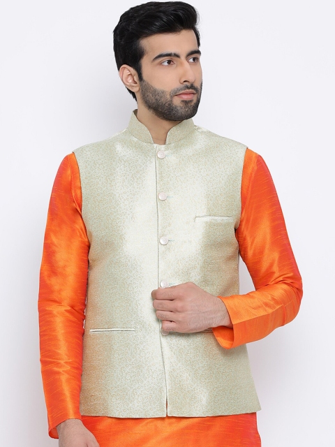 NAMASKAR Men Green & Silver-Coloured Woven Design Nehru Jacket