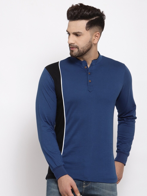 

Kalt Men Blue & Black Colourblocked Mandarin Collar T-shirt