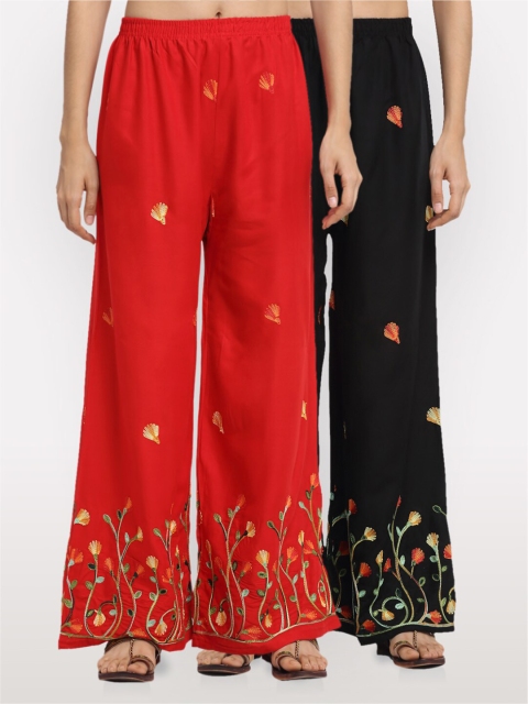 

NEUDIS Women Red & Black Set of 2 Embroidered Wide Leg Palazzos