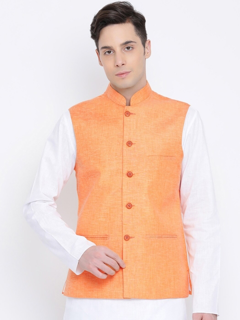 

NAMASKAR Men Orange Solid Woven Pure Cotton Nehru Jacket