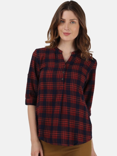 

Monte Carlo Red & Navy Blue Checked Mandarin Collar Shirt Style Top