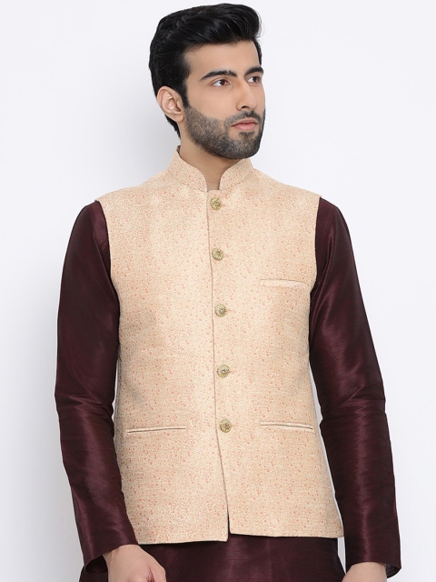 

NAMASKAR Men Golden & Pink Woven-Design Woven Nehru Jacket, Gold