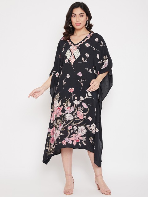 

Ruhaans Women Black & White Printed Kaftan Dress with Mirror Work