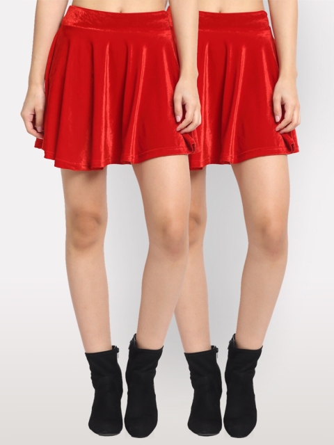 

NEUDIS Women Pack Of 2 Red Solid Velvet Mini Flared Skirt