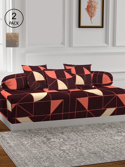 

KLOTTHE Set Of 2 Printed Cotton Single Bedsheet With 4 Bolster Covers & 6 Cushion Covers, Brown