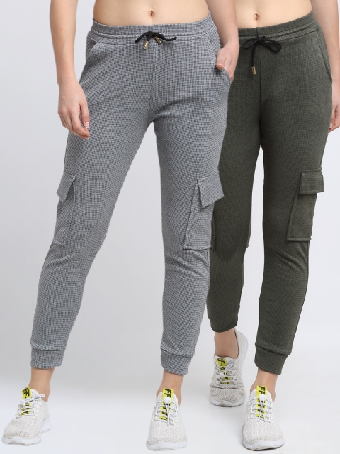 

NEUDIS Women Pack Of 2 Checked Slim-Fit Cotton Joggers, Grey