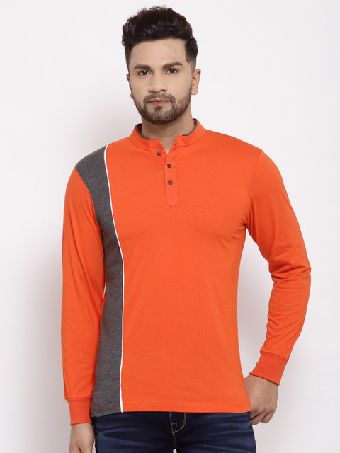 

Kalt Men Orange & Grey Colourblocked Mandarin Collar T-shirt